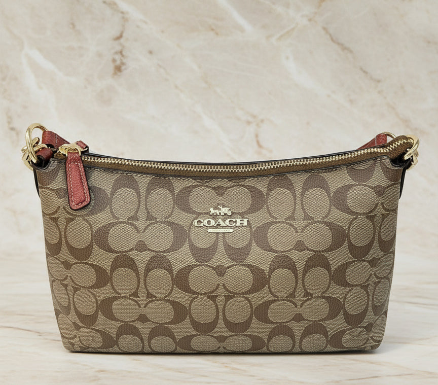COACH BUNDLE LEWIS SHOULDER BAG/CROSSBODY BAG & ZIP AROUND WRISLET WALLET IN SIGNATURE CANVAS METTALIC CLAY LINING