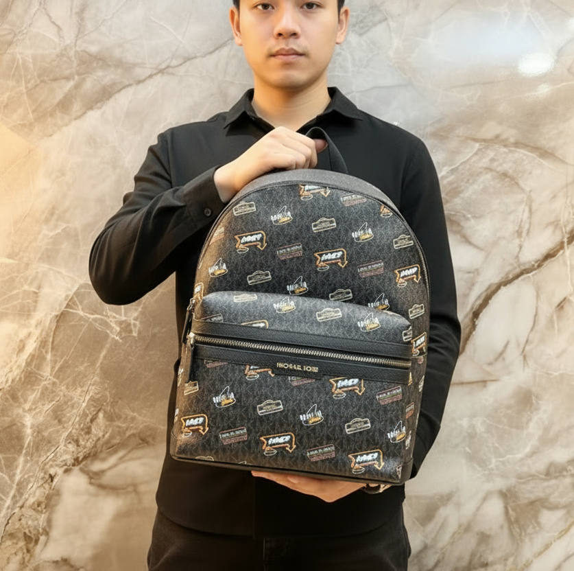 MICHAEL KORS COOPER EMBELISHED SIGNATURE LOGO DOME BACKPACK - BLACK