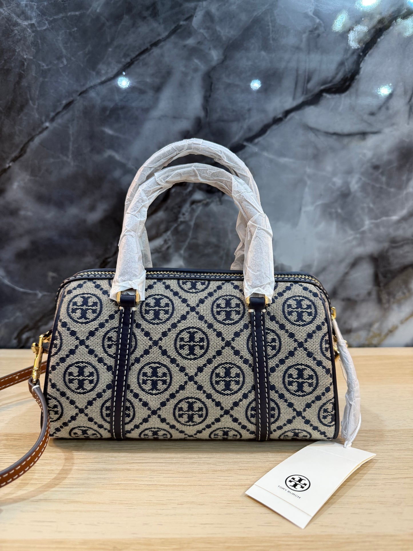 TORY BURCH PETITE BARREL/XBODY - T MONOGRAM NAVY BLUE