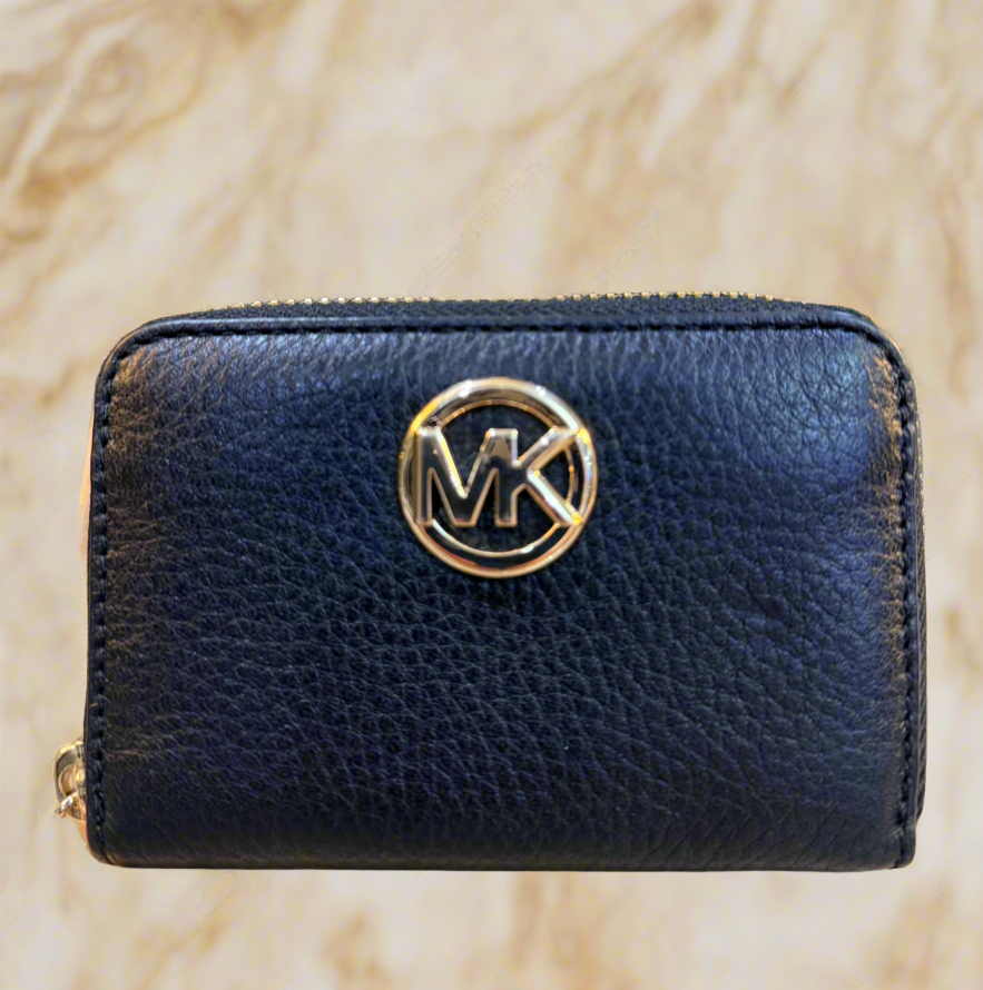 MICHAEL KORS FULTON LEATHER ZIP AROUND COIN PURSE - BLACK