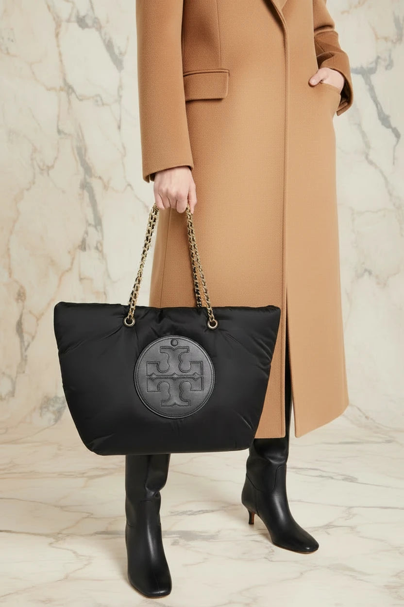TORY BURCH ELLA PUPPY MAGNETIC CLOSURE CHAIN TOTE - BLACK