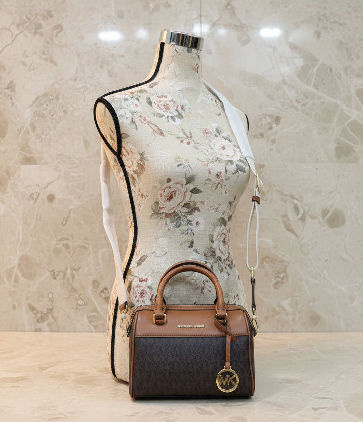 MICHAEL KORS XS TRAVEL DUFFLE CROSSBODY IN SIGNATURE BROWN