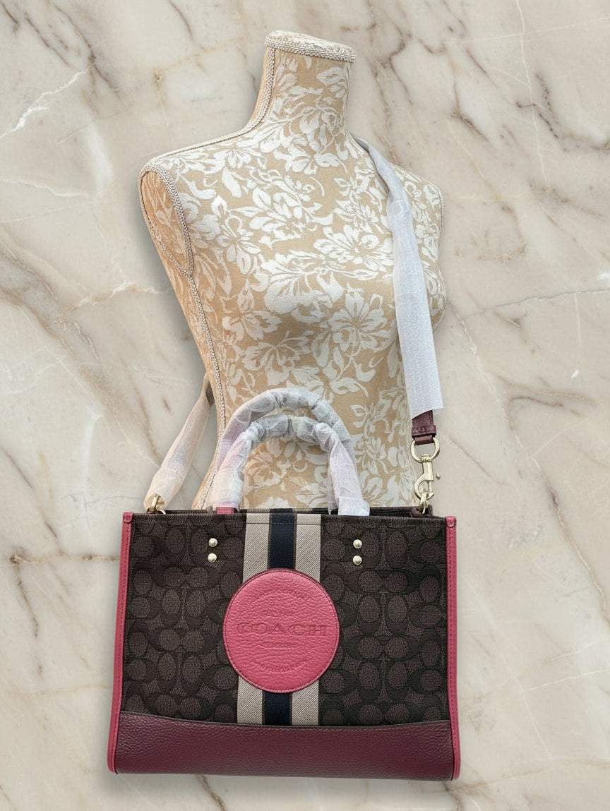 COACH DEMPSEY TOTE CARRYALL MEDIUM IN SIGNATURE JACQUARD CANVAS CENTER STRIPE STRAWBERRY HAZE
