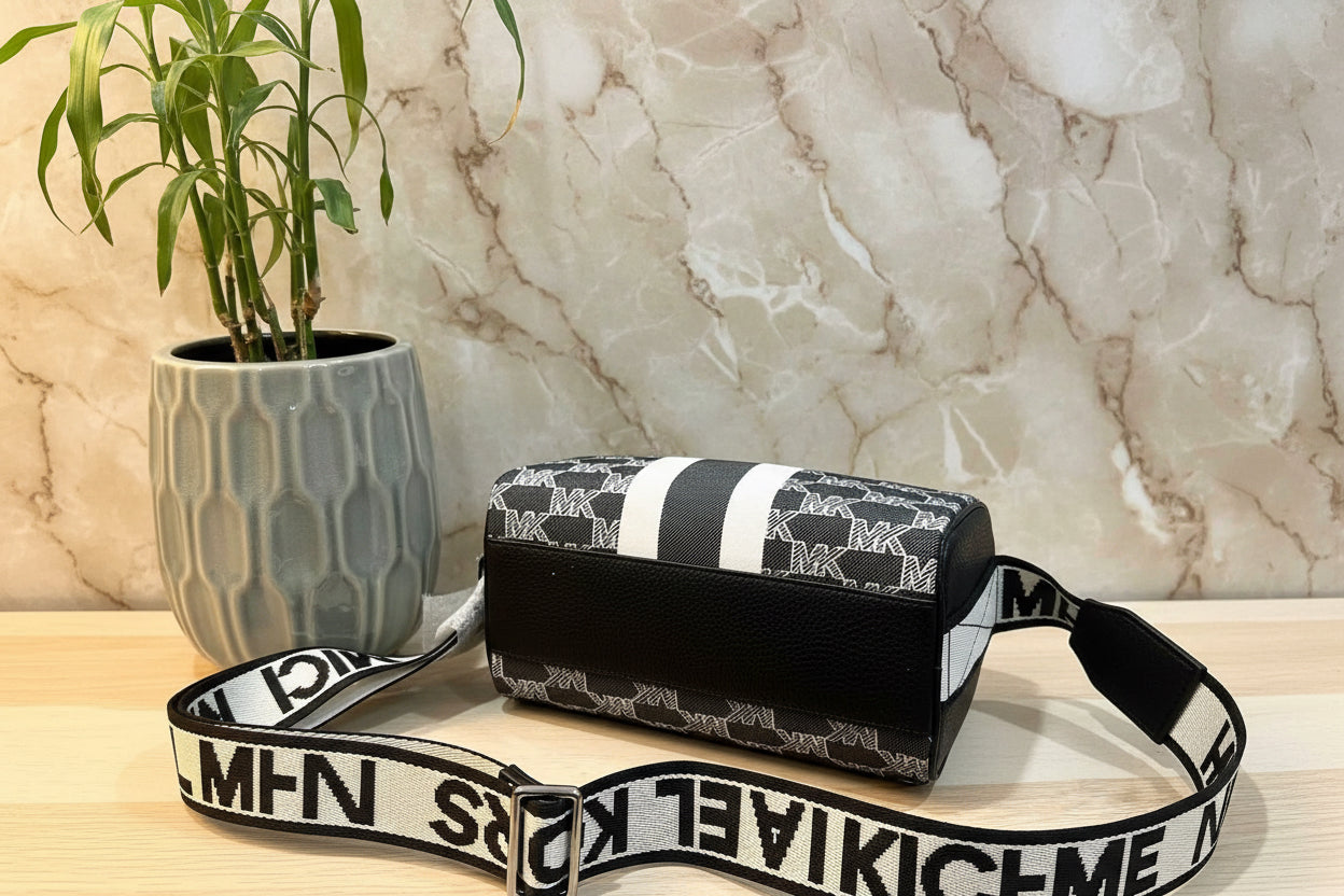 MICHAEL KORS COOPER MINI DUFFLE CROSSBODY IN SIGNATURE CANVAS STRIPE NWT BLACK MULTI