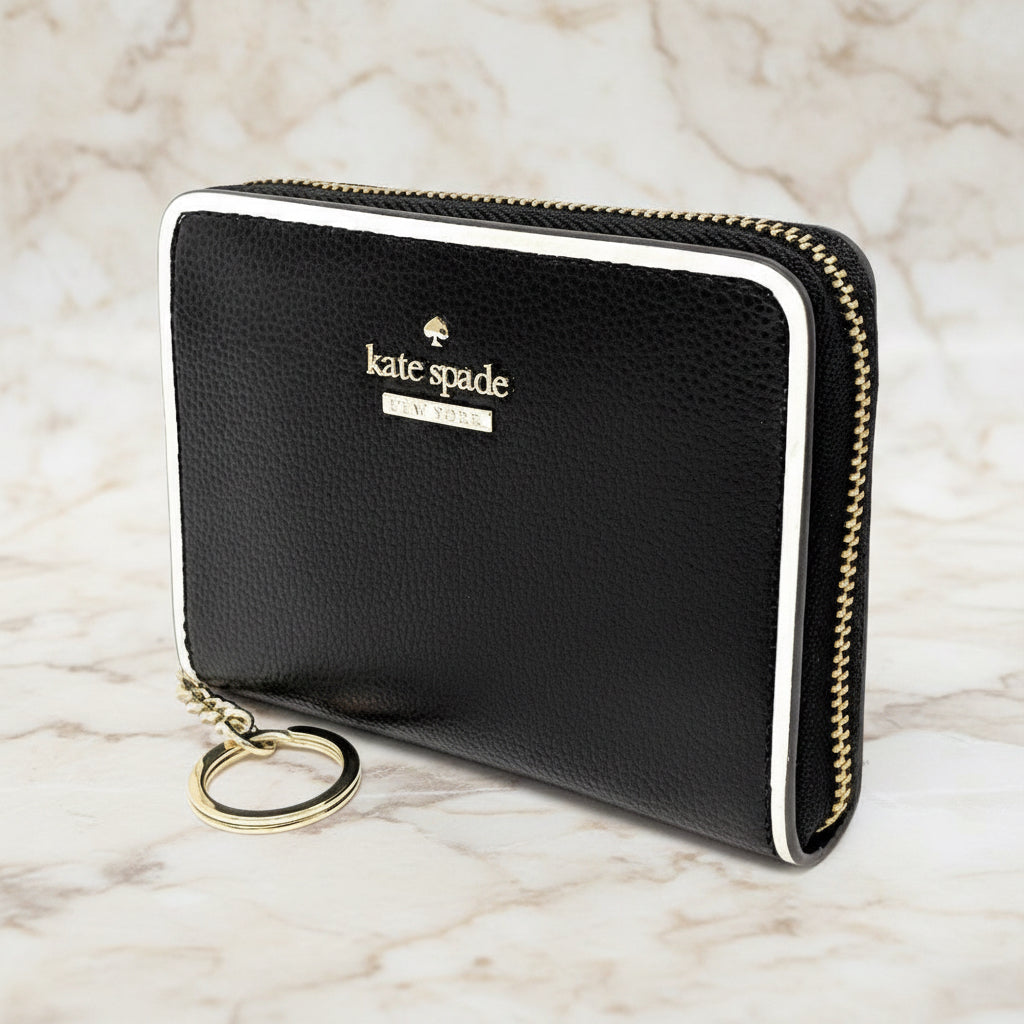 Kate Spade Wallet Black Pebbled & White Trim Key Chain Dani Patterson Drive