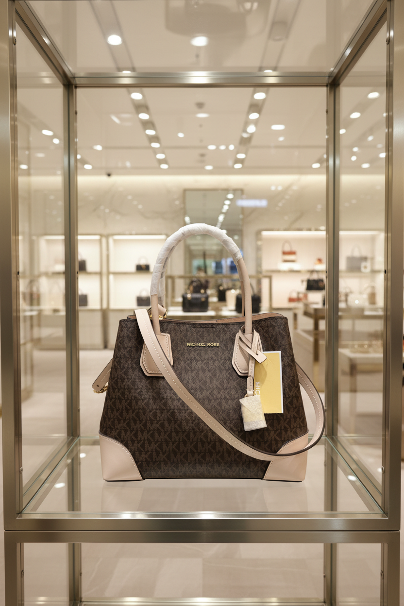 MICHAEL KORS MERCER GALLERY MEDIUM LOGO SATCHEL BAG - BROWN/SOFT PINK