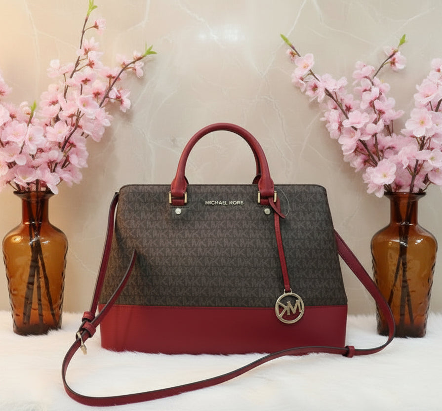 MICHAEL KORS SAVANNAH LARGE SATCHEL IN SIGNATURE BROWN/RED - SCARLET