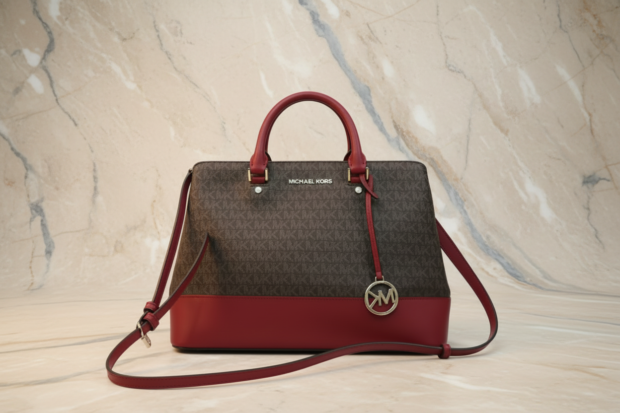 MICHAEL KORS SAVANNAH LARGE SATCHEL IN SIGNATURE BROWN/RED - SCARLET