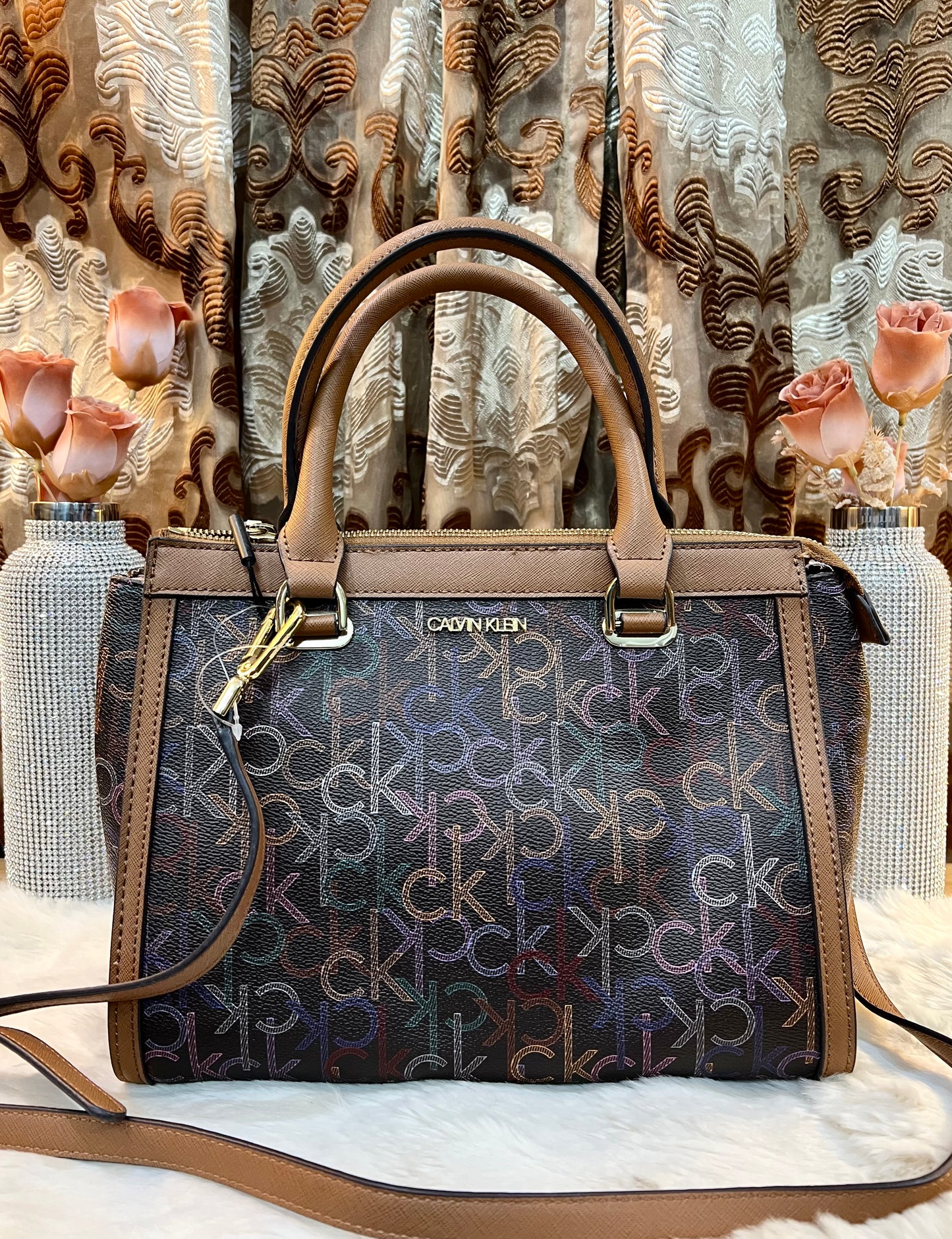 CALVIN KLEIN BUNDLE BAG & LONG WALLET JANAE SATCHEL CROSSBODY BAG IN SIGNATURE BROWN