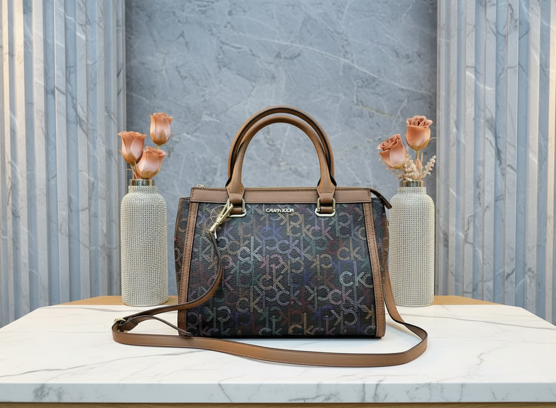 CALVIN KLEIN BUNDLE BAG & LONG WALLET JANAE SATCHEL CROSSBODY BAG IN SIGNATURE BROWN