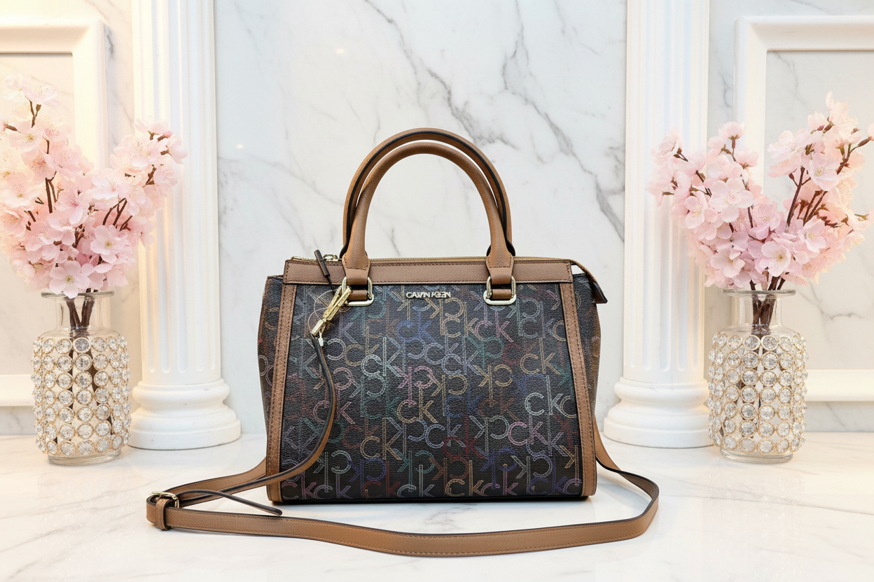 CALVIN KLEIN BUNDLE BAG & LONG WALLET JANAE SATCHEL CROSSBODY BAG IN SIGNATURE BROWN