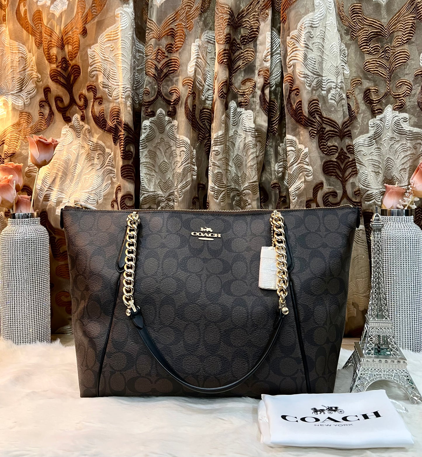 COACH AVA LARGE ZIP TOP TOTE IN SIGNATURE BLACK BROWN