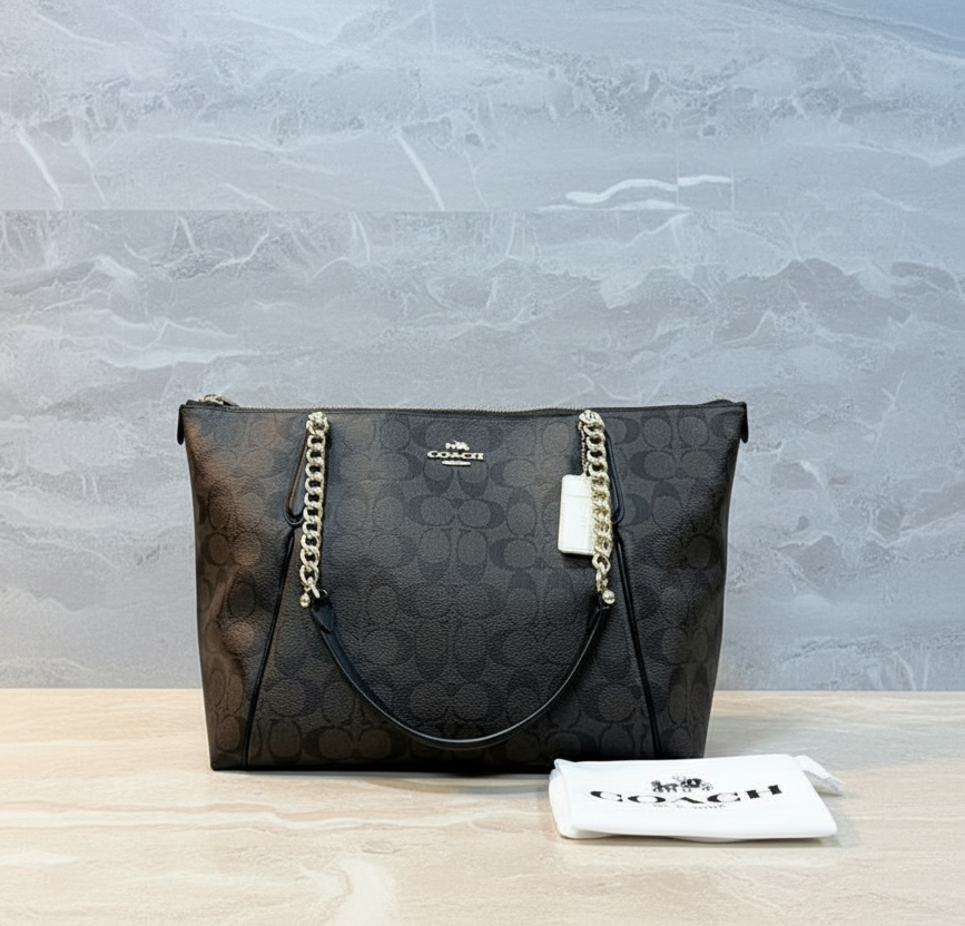 COACH AVA LARGE ZIP TOP TOTE IN SIGNATURE BLACK BROWN