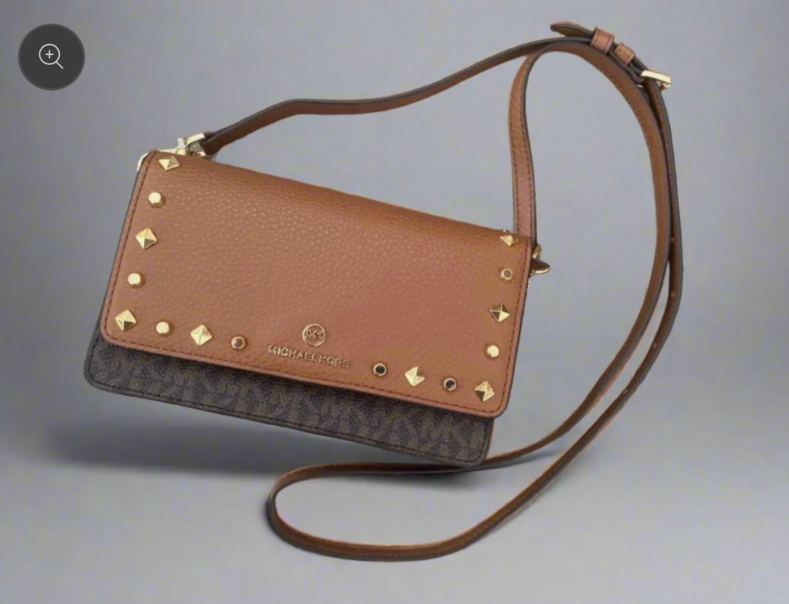 MICHAEL KORS JET SET SMALL STUDDED LOGO MOBILE CROSSBODY ( FROM BOUTIQUE STORE )