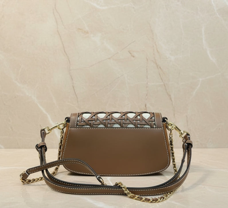 TORY BURCH BRITTEN  BASKET WEAVE CONVERTIBLE CRISSBODY/SHOULDER BAG - MOOSE COLOR