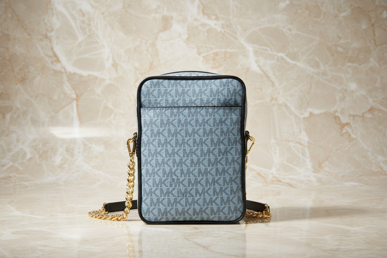 MICHAEL KORS - BELOW SRP WITH FLAWS IN FRONT - SLIGHT MARK LIKE PEN - JET SET TRAVEL LOGO STRIPE CROSSBODY BAG