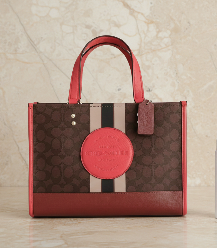 COACH DEMPSEY TOTE CARRYALL MEDIUM IN SIGNATURE JACQUARD CANVAS CENTER STRIPE STRAWBERRY HAZE