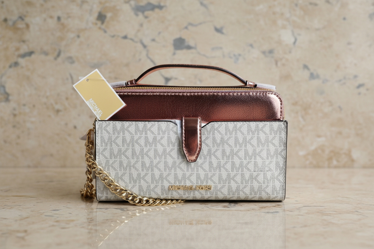 MICHAEL KORS SIGNATURE JET SET METALLIC PRIMEROSE DOUBLE ZIP SMARTPHONE CROSSBODY BAG