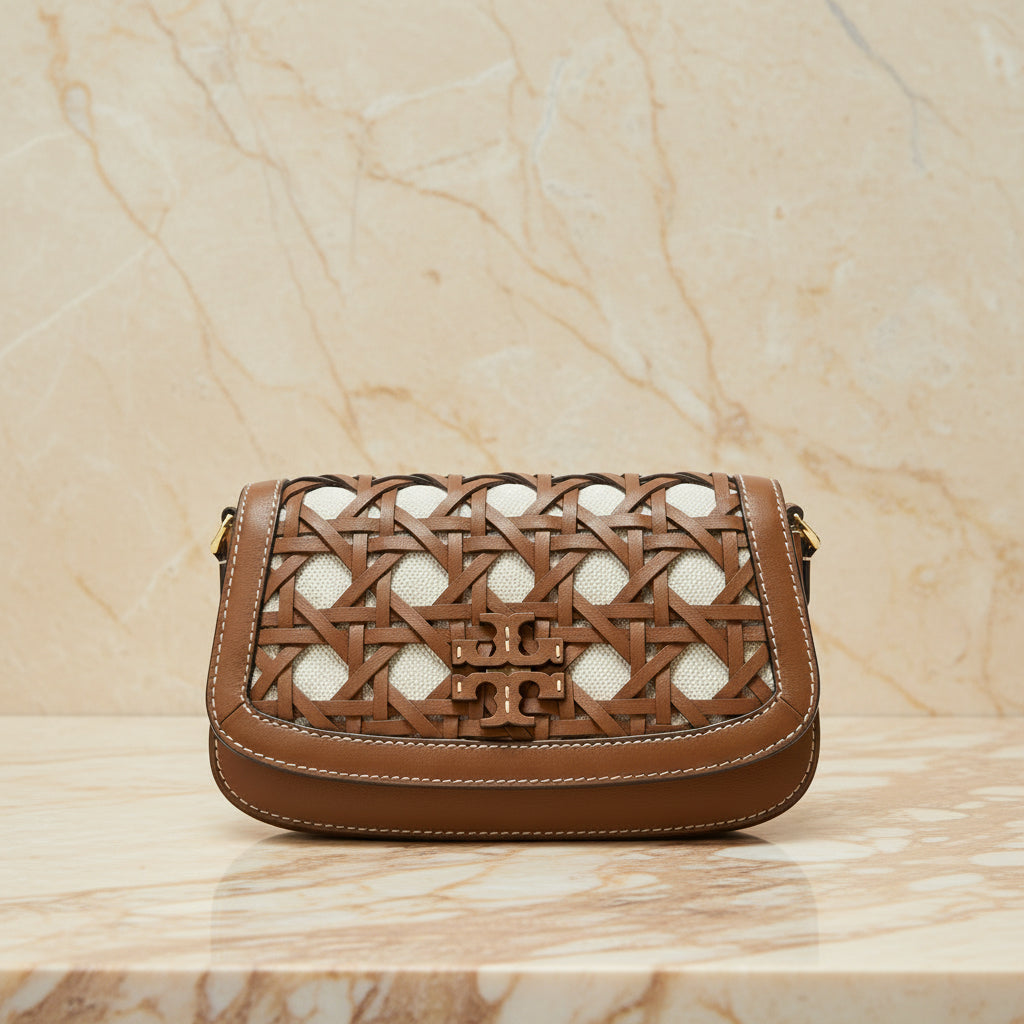 TORY BURCH BRITTEN  BASKET WEAVE CONVERTIBLE CRISSBODY/SHOULDER BAG - MOOSE COLOR