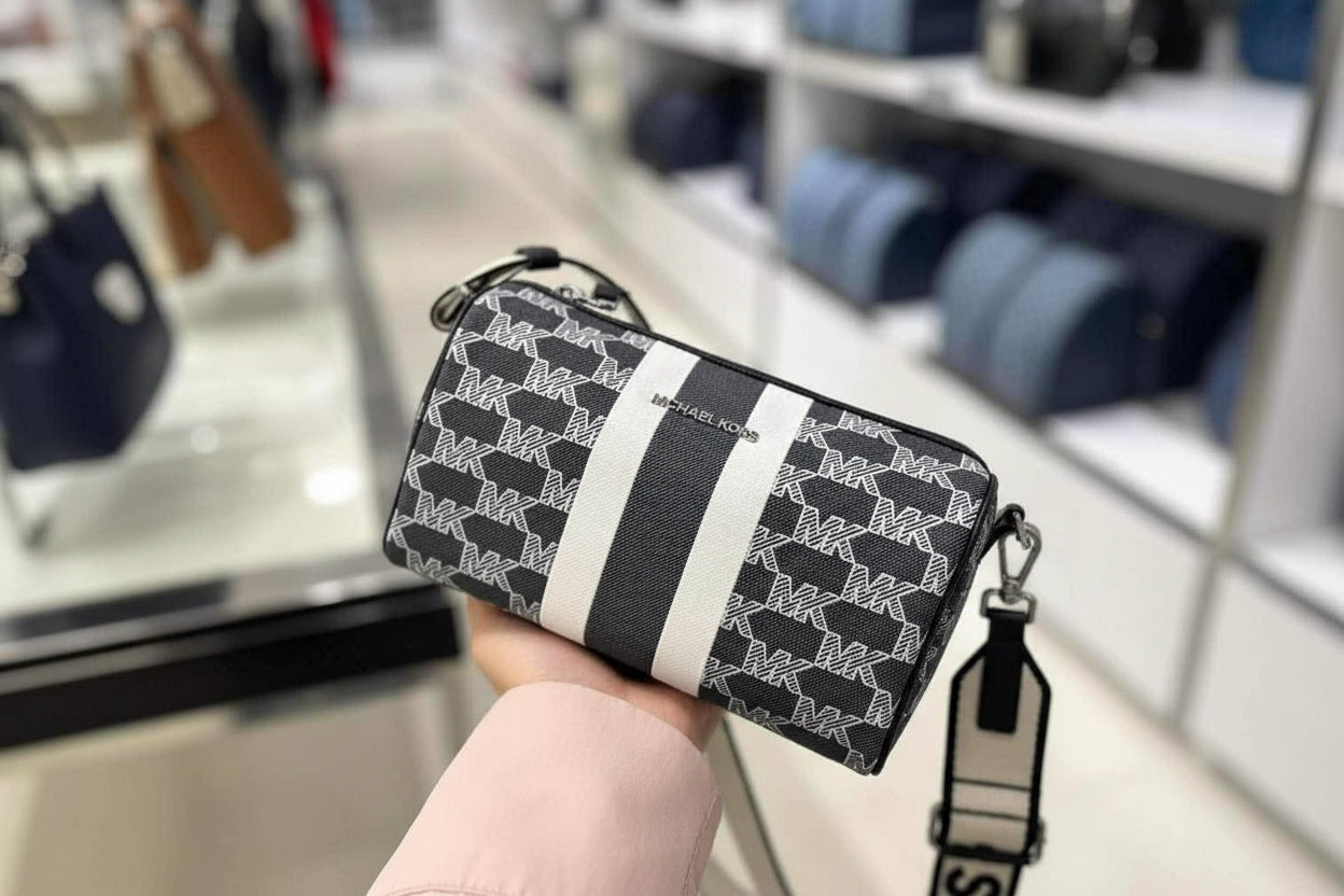 MICHAEL KORS COOPER MINI DUFFLE CROSSBODY IN SIGNATURE CANVAS STRIPE NWT BLACK MULTI