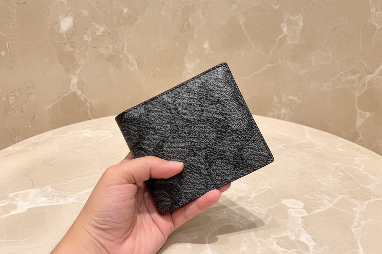 COACH MEN’S BIFOLD WALLET WITH INSERT - SIGNATURE CHARCOAL BLACK - NO INSERT