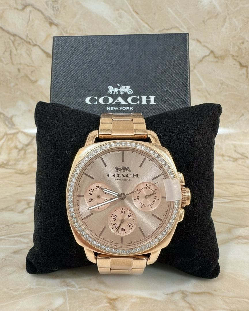 ساعة كوتش ذات وجه كبير - مطلية بالذهب الوردي والفولاذ المقاوم للصدأ