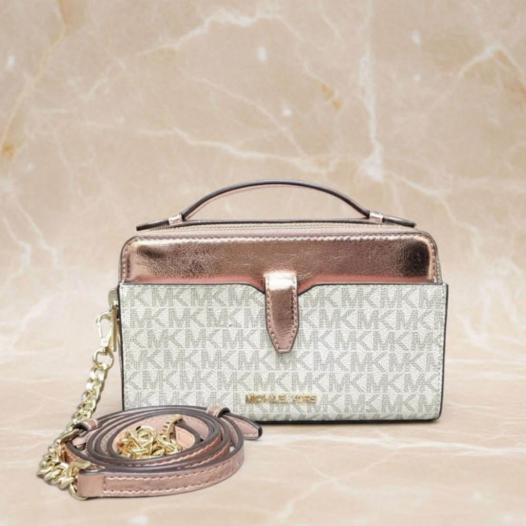 MICHAEL KORS SIGNATURE JET SET METALLIC PRIMEROSE DOUBLE ZIP SMARTPHONE CROSSBODY BAG