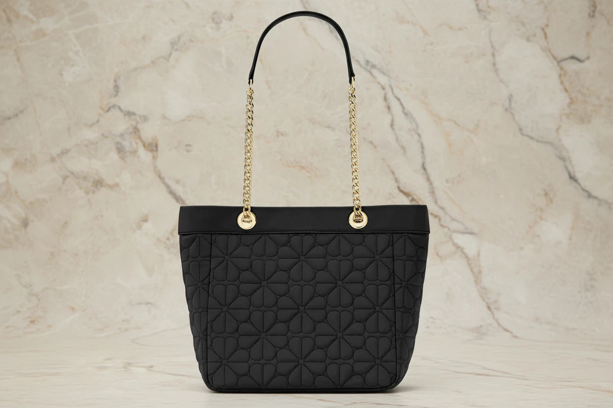 حقيبة كيت سبيد المبطنة والمزينة بالزهور - متوسطة الحجم - سوداء