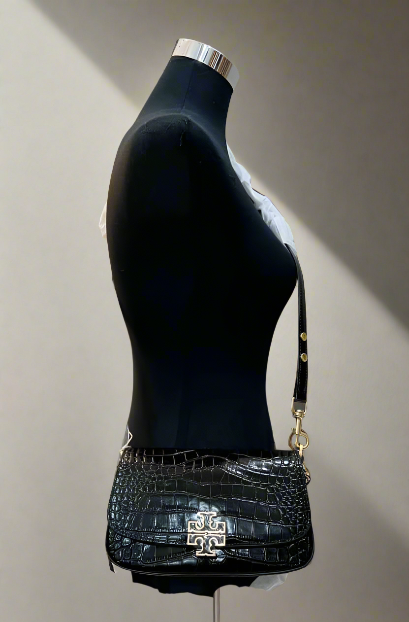 SALE! MISSING 1 BUTTON ON SHOULDER STRAP - TORY BURCH EMBOSSED CROC BRITTEN CONVERTIBLE SHOULDER BAG/XBODY BAG - BLACK