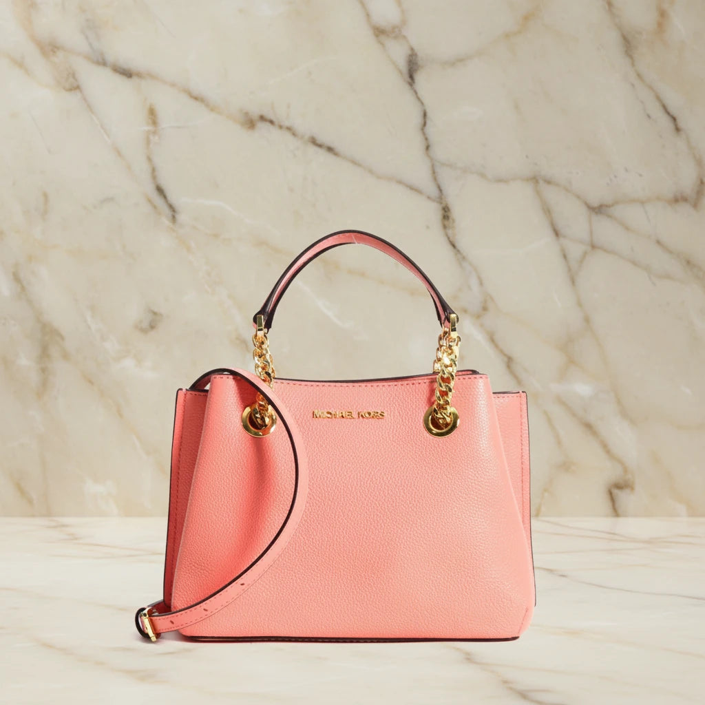 MICHAEL KORS SMALL TEAGEN LEATHER SATCHEL - PEACH