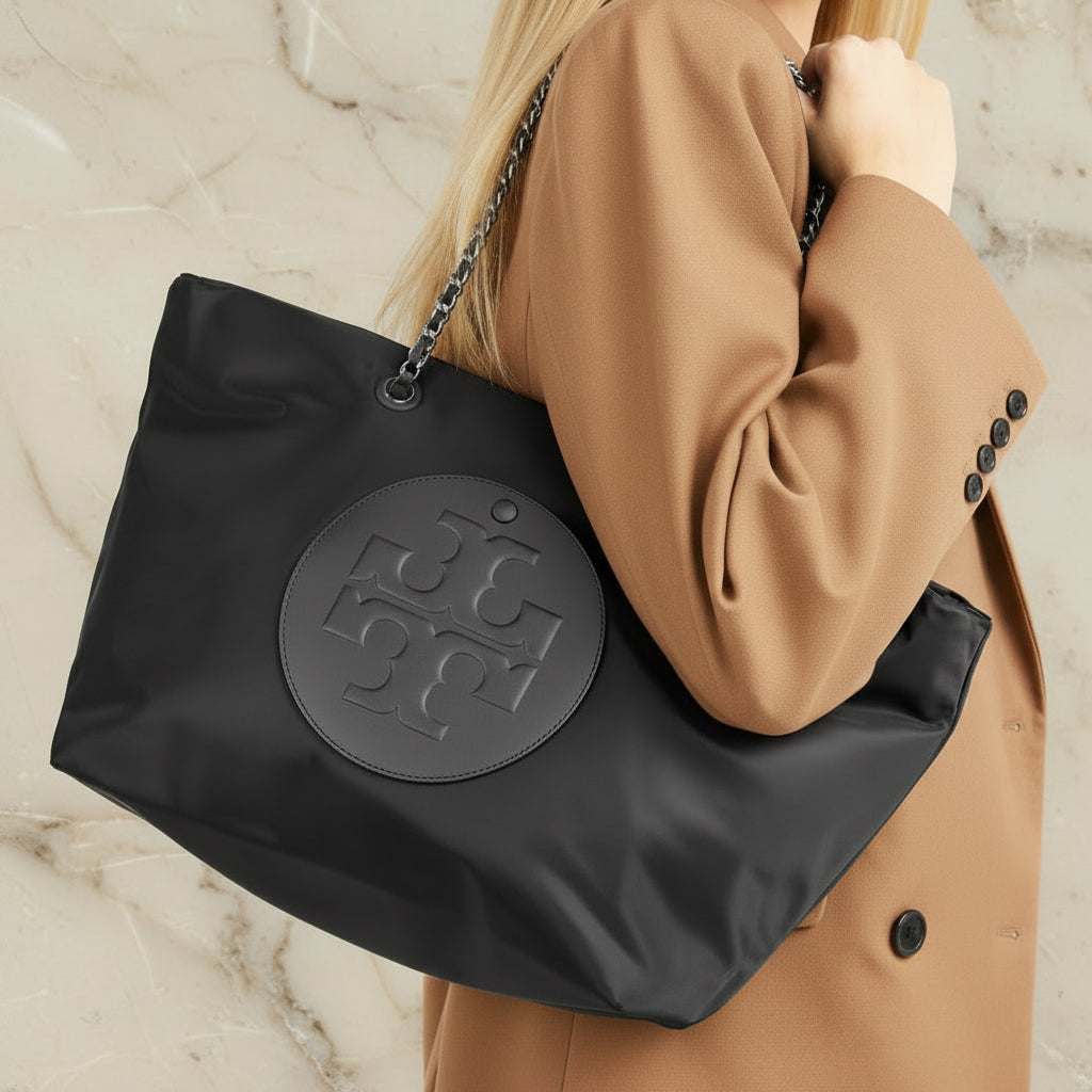 TORY BURCH ELLA PUPPY MAGNETIC CLOSURE CHAIN TOTE - BLACK