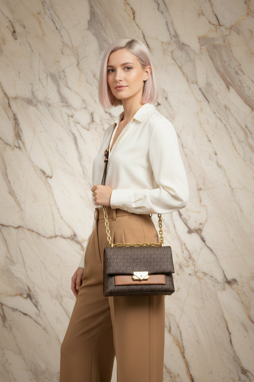 MICHAEL KORS CECE MEDIUM FLAP MONO BROWN