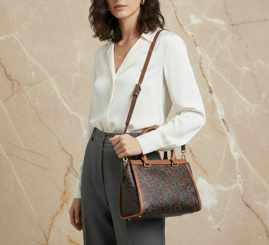 CALVIN KLEIN BUNDLE BAG & LONG WALLET JANAE SATCHEL CROSSBODY BAG IN SIGNATURE BROWN