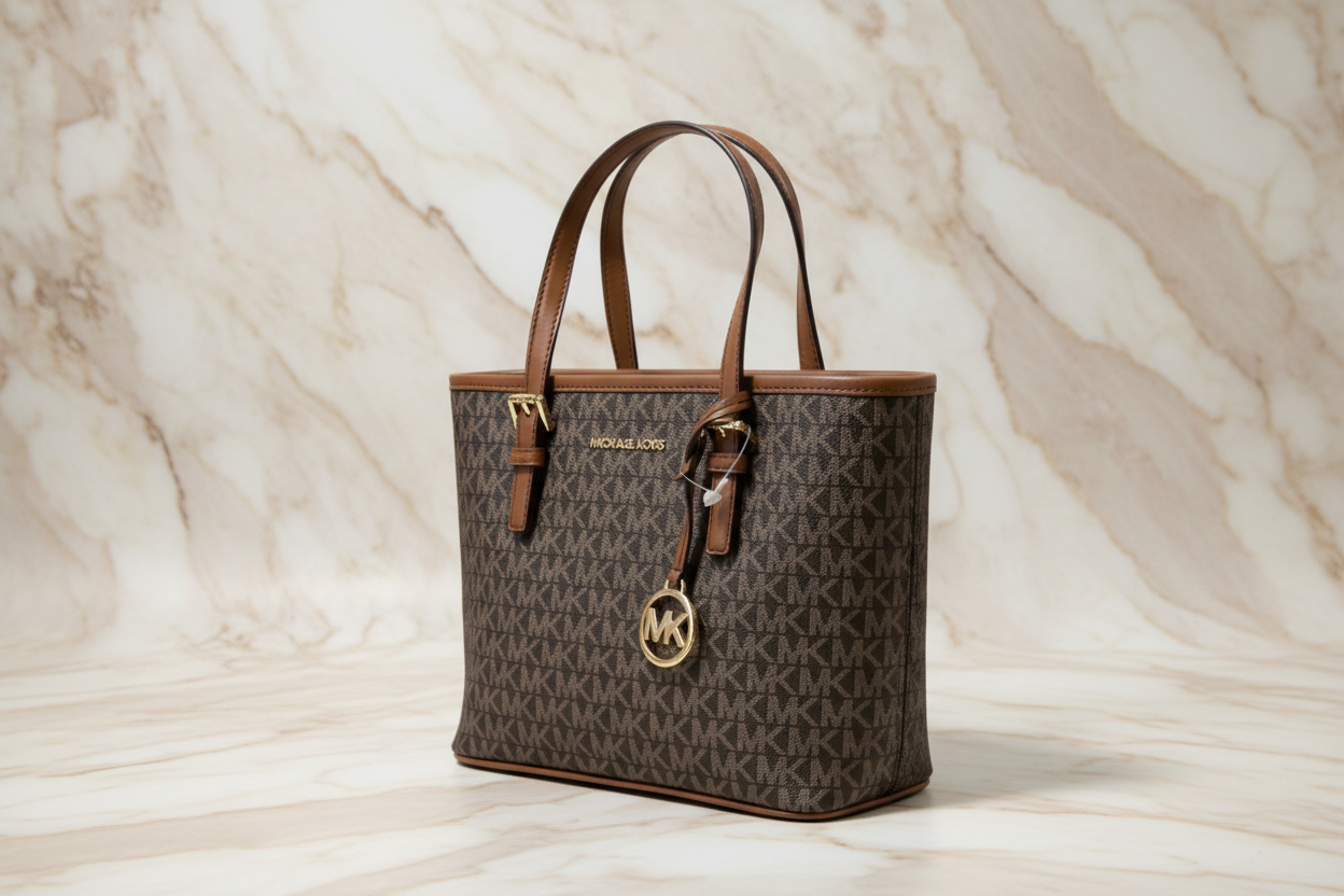 MICHAEL KORS XS JET SET CARRYALL TRAVEL ZIP TOTE - BLACK - BROWN MULTI WITH A TOUCH OF METTALIC GOLD