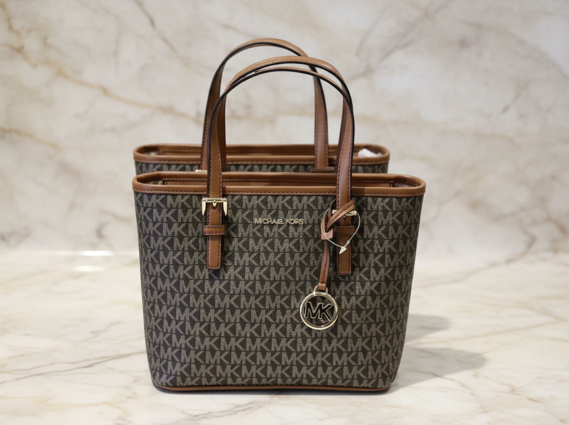 MICHAEL KORS XS JET SET CARRYALL TRAVEL ZIP TOTE - BLACK - BROWN MULTI WITH A TOUCH OF METTALIC GOLD