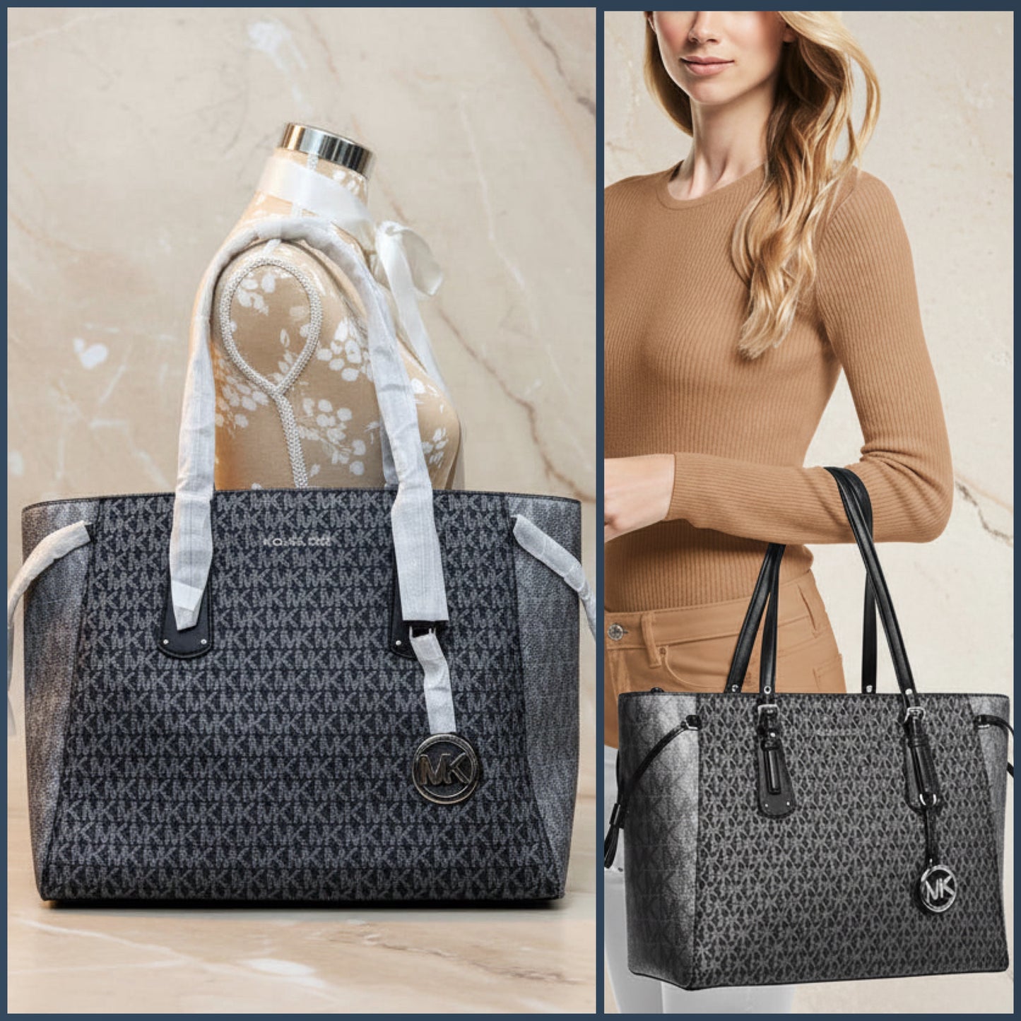 MICHAEL KORS VOYAGER 2 TONE METALLIC LOGO TOTE - MEDIUM