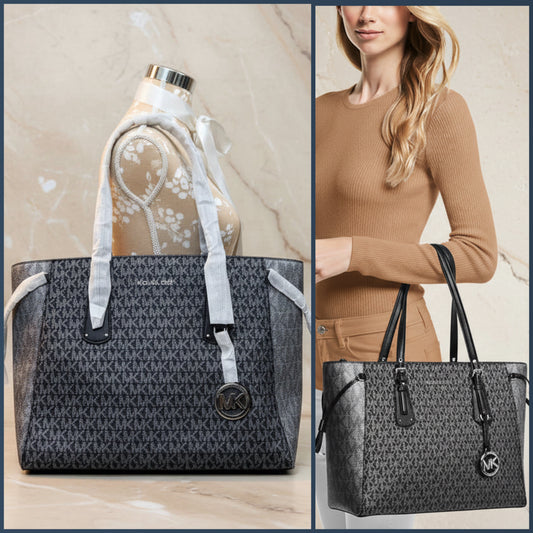 MICHAEL KORS VOYAGER 2 TONE METALLIC LOGO TOTE - MEDIUM