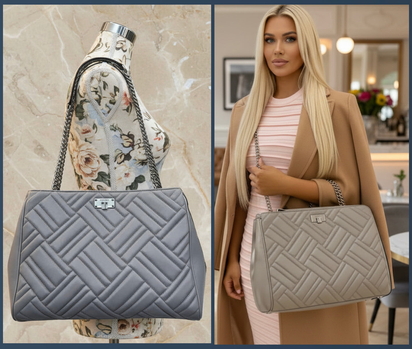 MICHAEL KORS PEYTON QUILTED LARGE CHAIN LINK TOTE CONVERTIBLE - PEARL GRAY