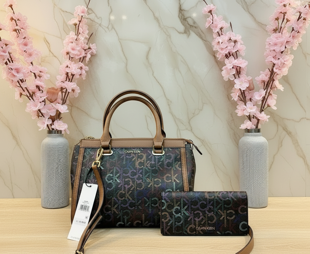 CALVIN KLEIN BUNDLE BAG & LONG WALLET JANAE SATCHEL CROSSBODY BAG IN SIGNATURE BROWN