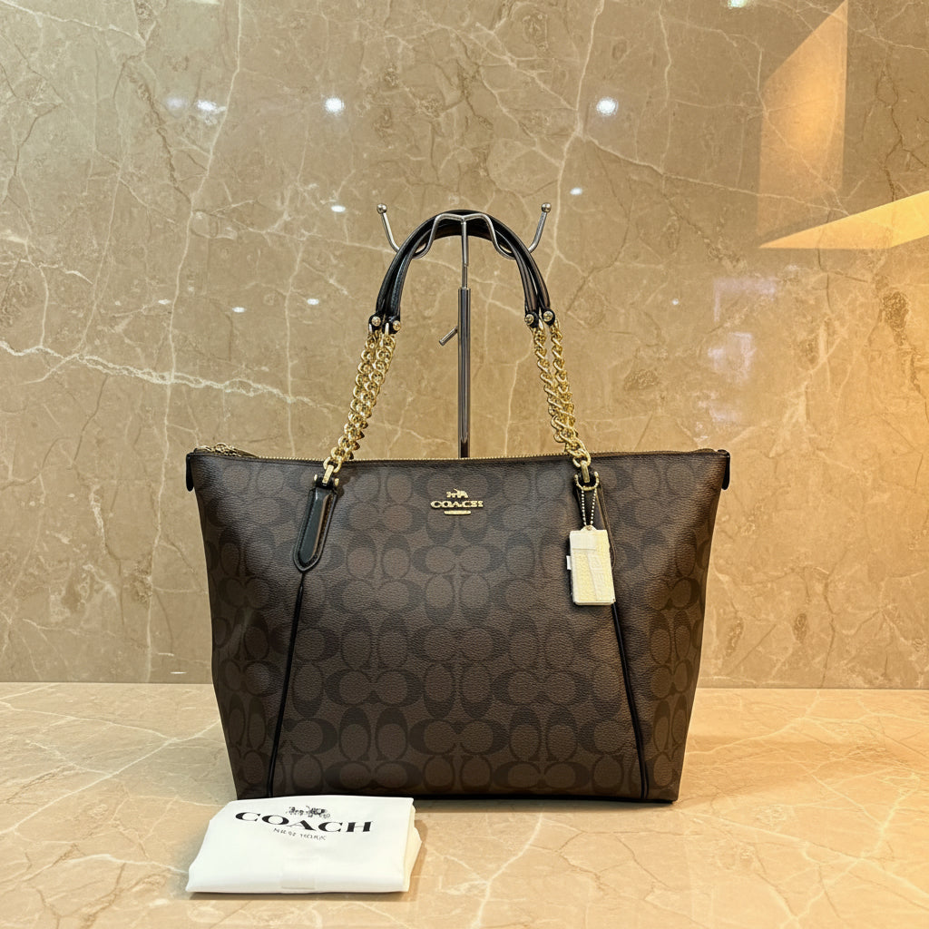 COACH AVA LARGE ZIP TOP TOTE IN SIGNATURE BLACK BROWN