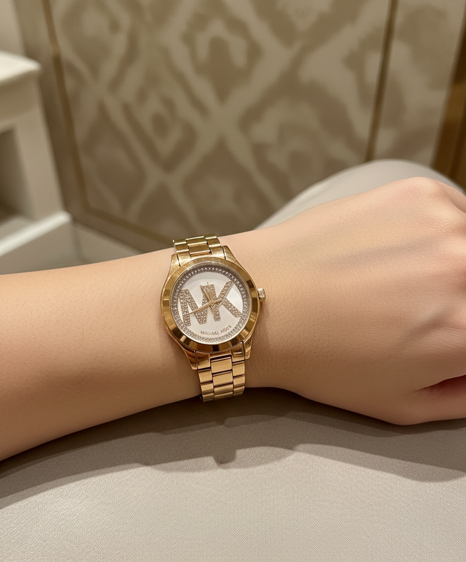 ساعة مايكل كورس ميني سليم رانوي - لون ذهبي وردي - بشعار MK وتصميم مرصع بالكريستال - علبة ساعة مجانية 