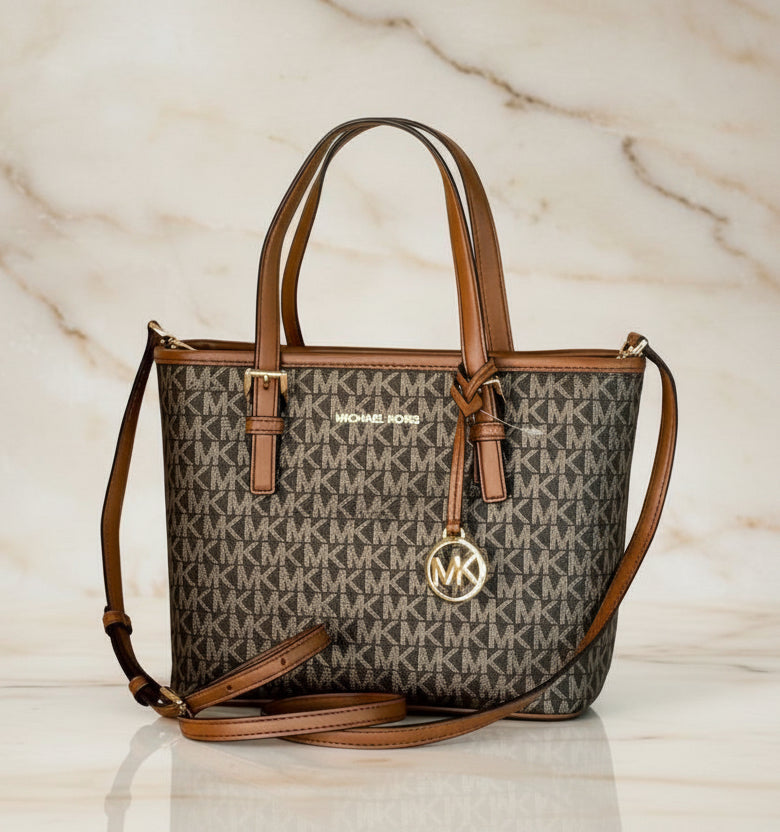 MICHAEL KORS XS JET SET CARRYALL TRAVEL ZIP TOTE - BLACK - BROWN MULTI WITH A TOUCH OF METTALIC GOLD