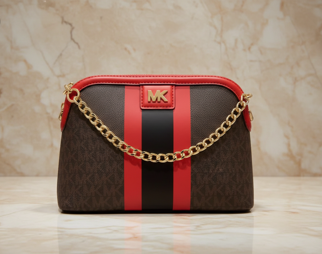 MICHAEL KORS DOME LOGO CENTER STRIPE CHAIN CROSSBODY