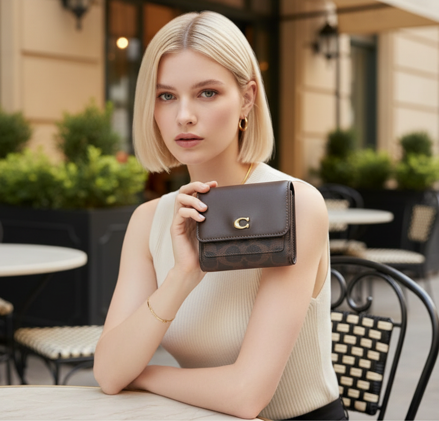 COACH MILA SMALL TRIFOLD WALLET - MAPLE COLOR SIGNATURE
