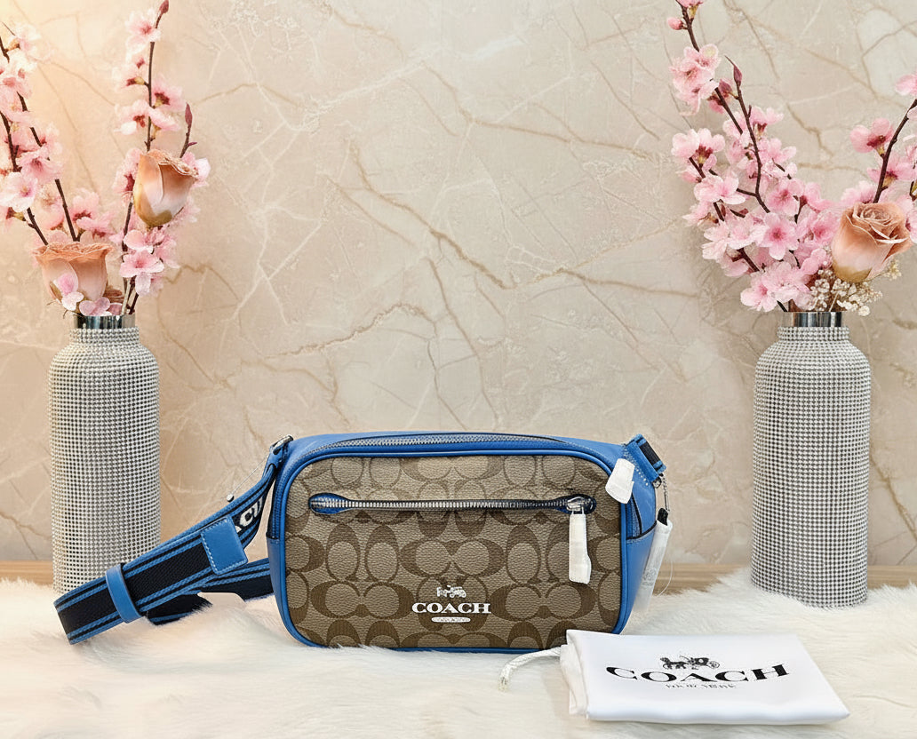 حقيبة خصر/حقيبة صدر/حقيبة جسم من كوتش إلياس، مصنوعة من قماش مميز بألوان متداخلة - كاكي/أزرق سباق