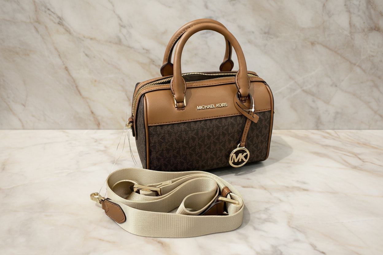 MICHAEL KORS XS TRAVEL DUFFLE CROSSBODY IN SIGNATURE BROWN