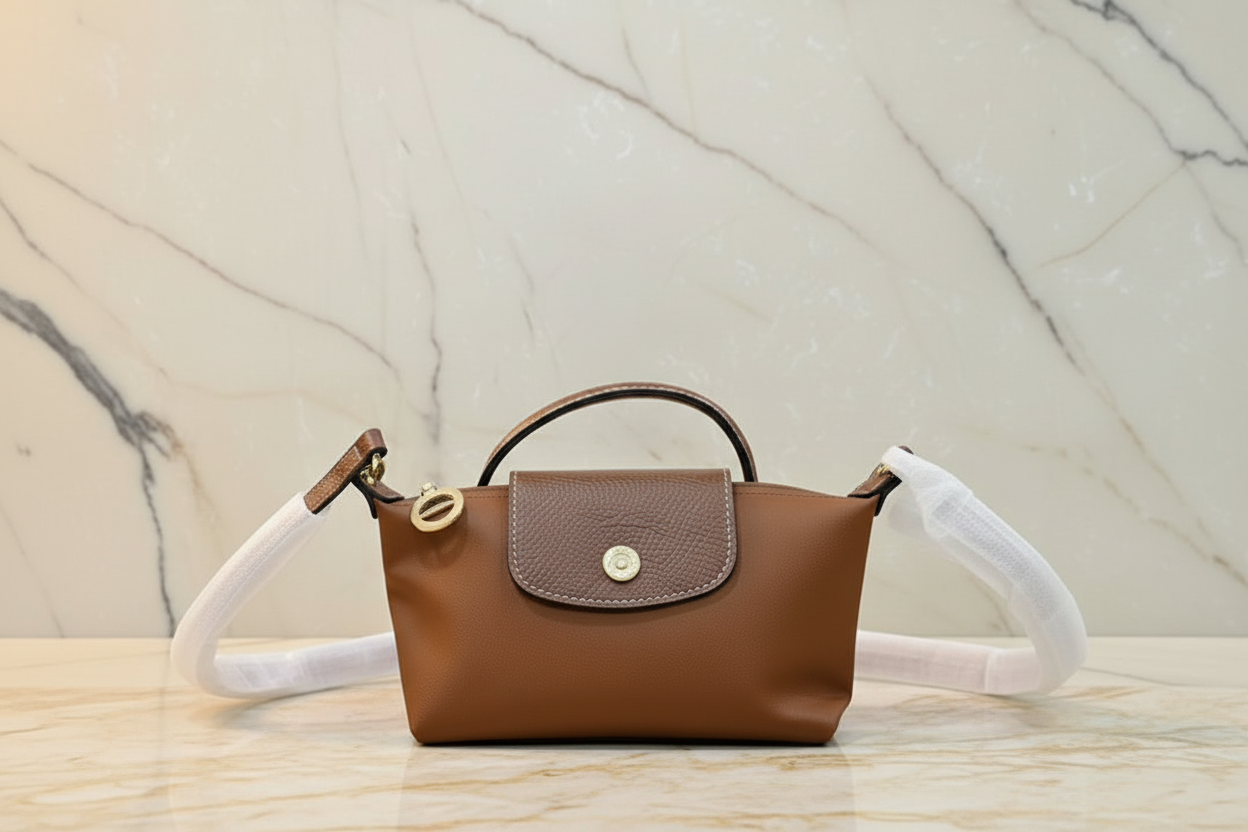 LONGCHAMP MICRO LE PLIAGE POUCH WITH STRAP - BROWN