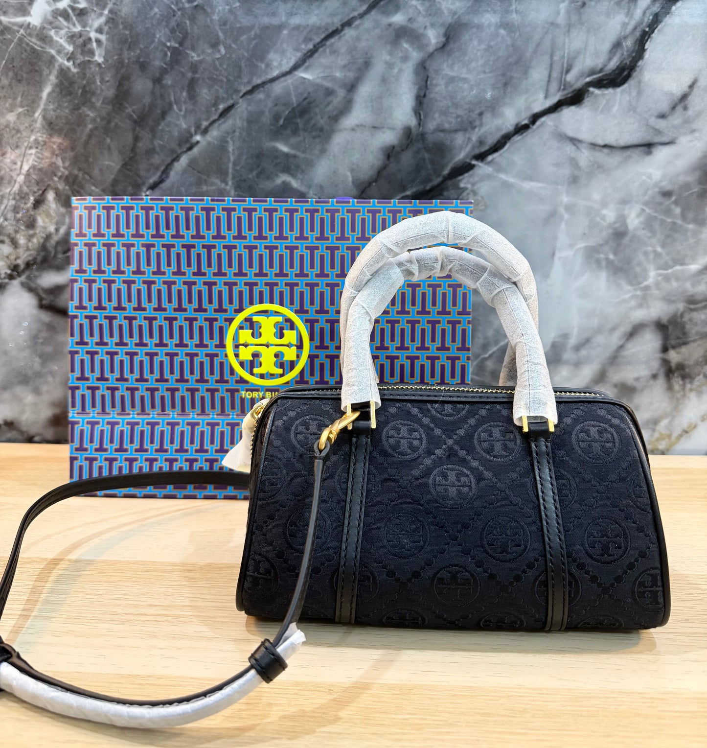 TORY BURCH PETITE JACQUARD T MONOGRAM BARREL - BLACK