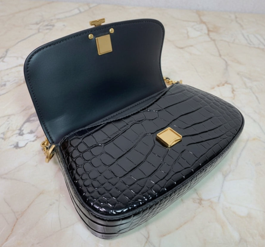 TORY BURCH EMBOSSED CROC BRITTEN CONVERTIBLE SHOULDER BAG/XBODY BAG - BLACK