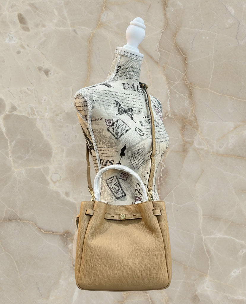 SALE!!! WITH CREASE IN FRONT DUE TO CARGO HANDLING - TORY BURCH SMALL ROMY BUCKET - BROWN